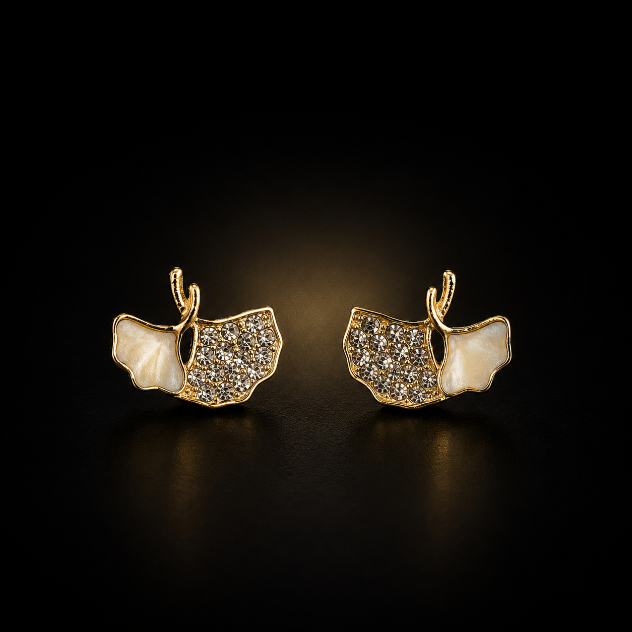 Ivory Leaf Spark Stud Earrings | Gold Plated Crystal Enamel Botanical Earrings for Women