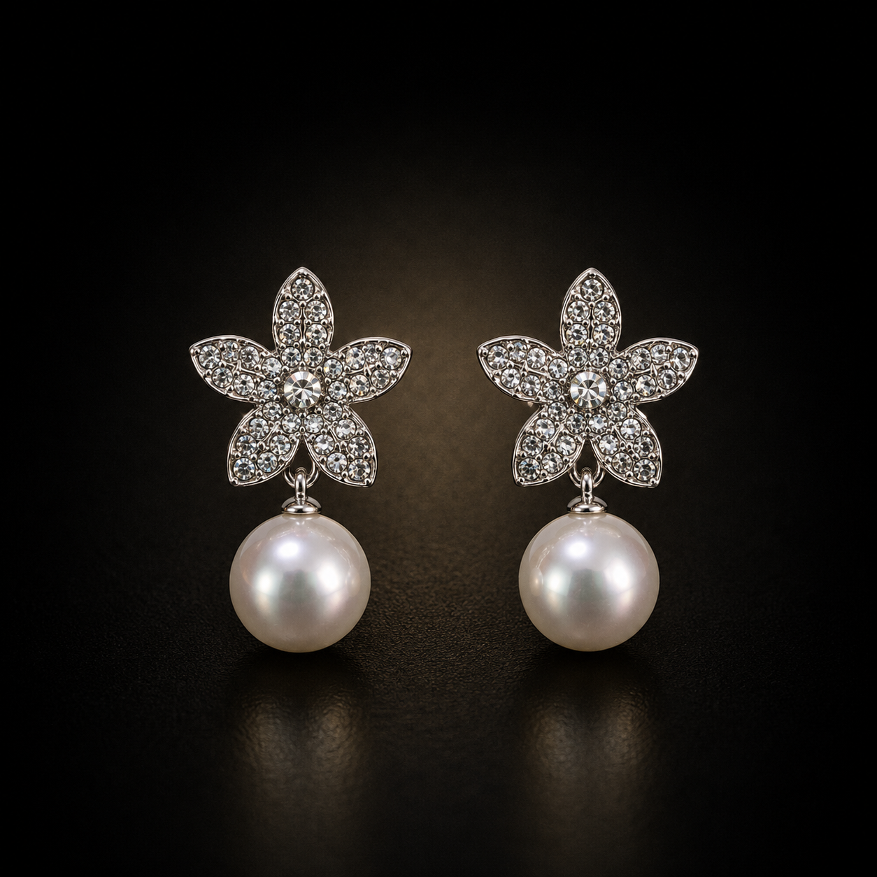 Pearl Blossom Crystal Drop Earrings | Floral Silver-Plated Statement Studs for Women