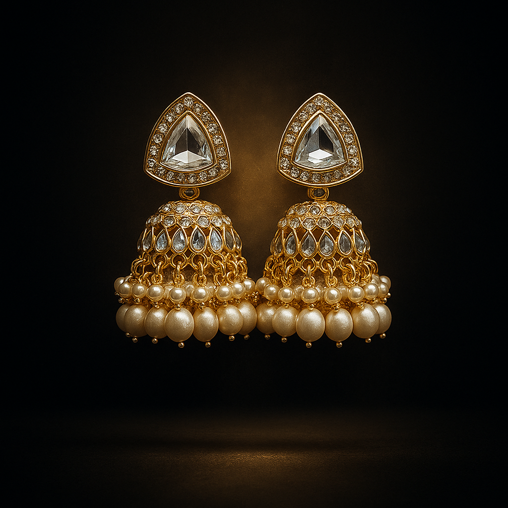 Graceful Gold Plated Jhumka Earrings with Center Stone & Pearl Drop | Elegant Alloy Drop Earrings