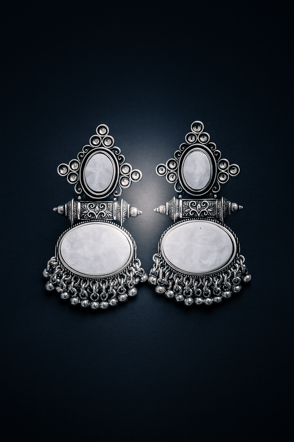 Tribal Oval Dangler Jhumka Earrings | Antique Oxidized Silver with Beaded Fringe