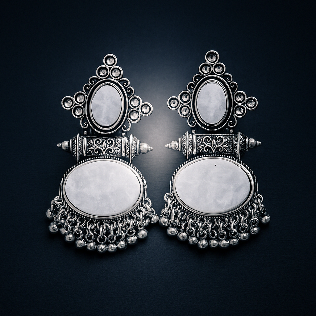 Tribal Oval Dangler Jhumka Earrings | Antique Oxidized Silver with Beaded Fringe