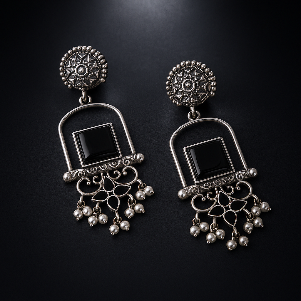Peacock Grace Oxidized Silver Dangler Earrings | Traditional Pearl Drop Design