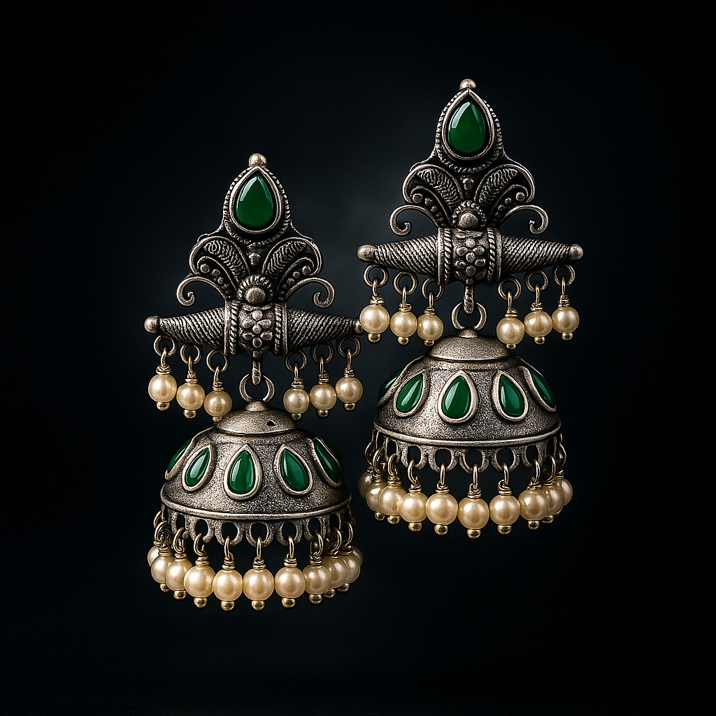 Oxidized Silver Jhumka Earrings with Pearl Drops | Elegant Pearl Embellished Ethnic Earrings