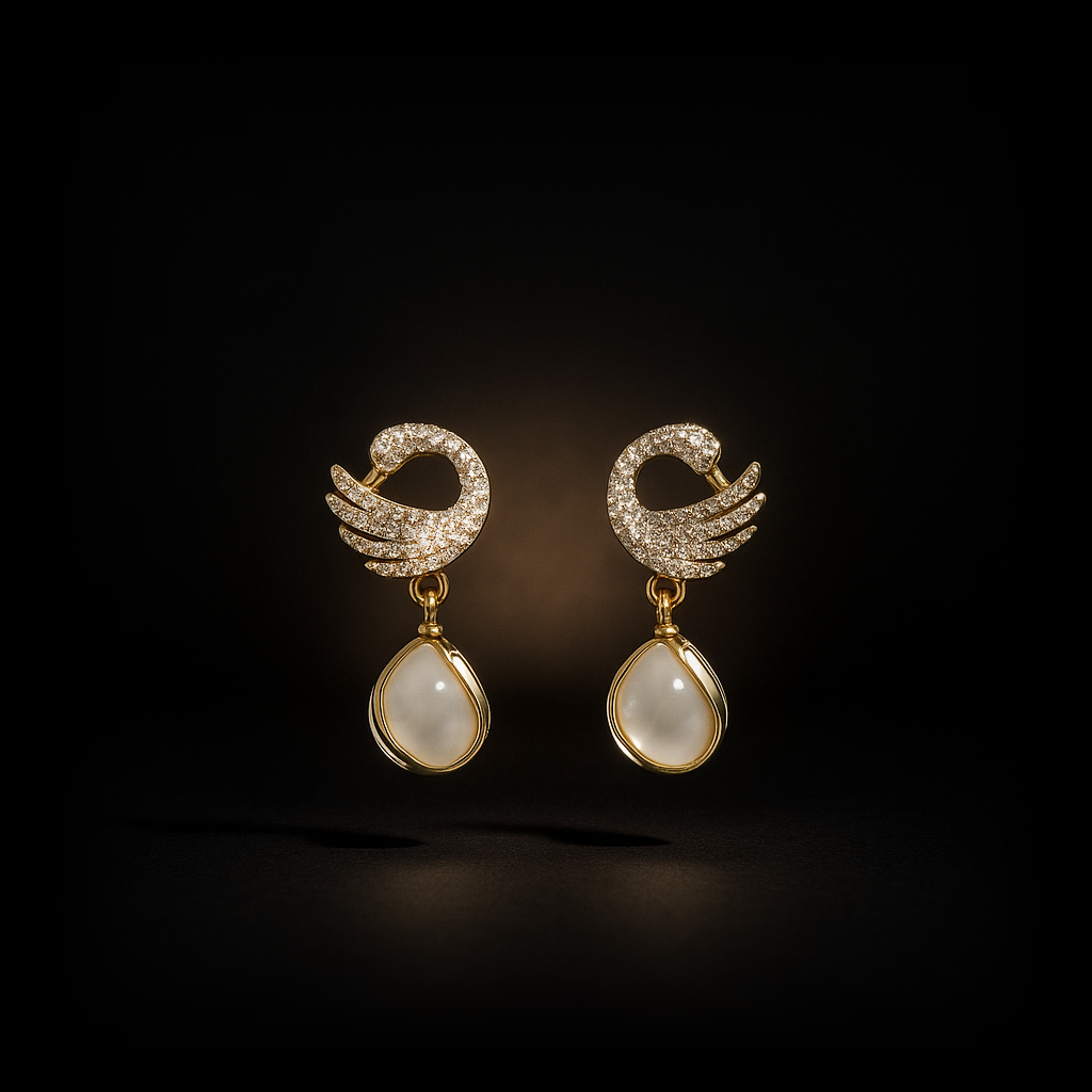 Peora Elegance Korean Peacock Drop Earrings | Gold-Plated Diamond & Pearl Fusion Design