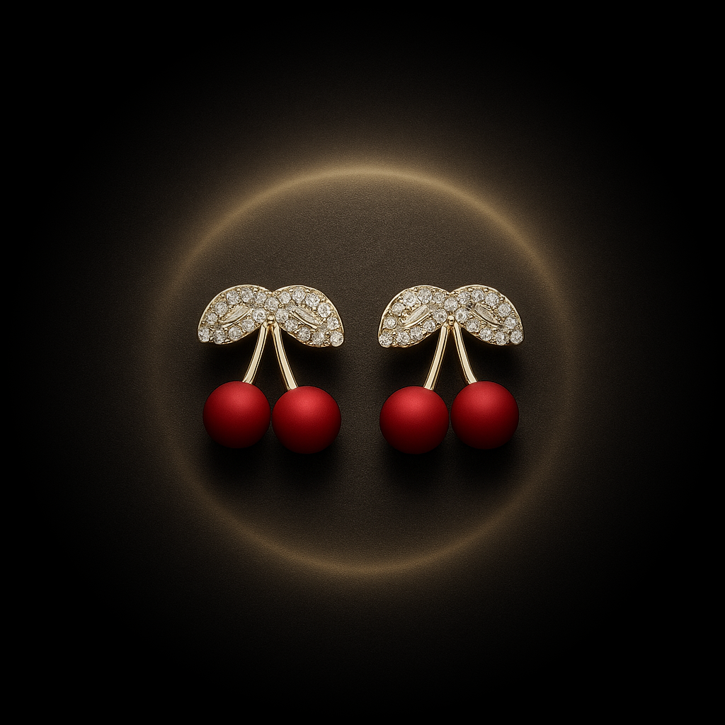 Seoul Berry Spark Rhinestone Earrings – Korean Cherry-Inspired Gold Plated Studs for Women