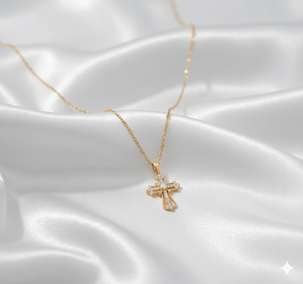 Grand Gold Plated Cross Necklace | Traditional American Diamond Bridal Jewelry