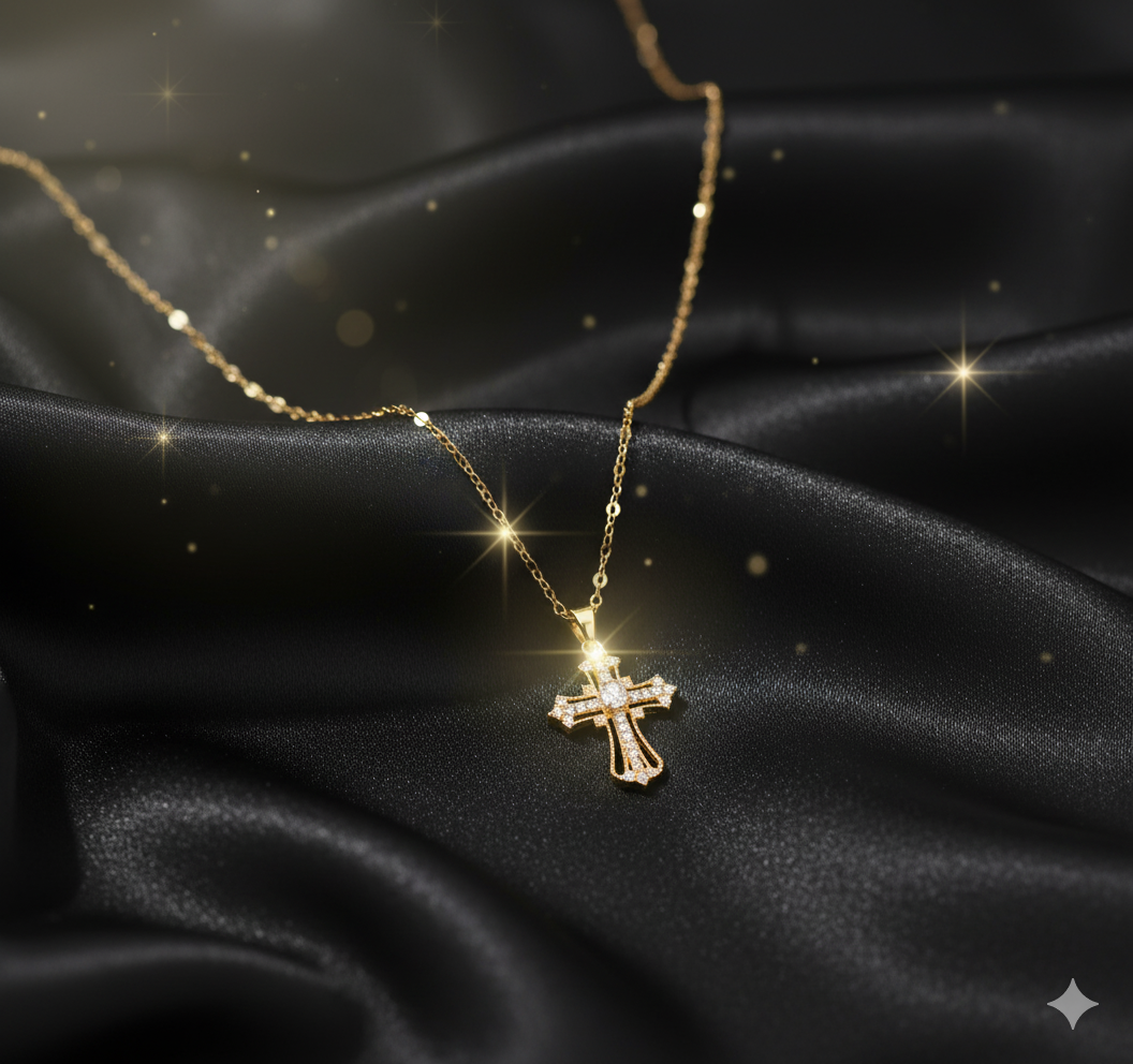 Grand Gold Plated Cross Necklace | Traditional American Diamond Bridal Jewelry