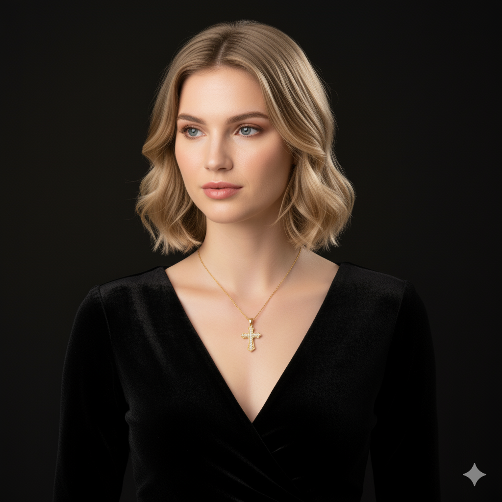 Grand Gold Plated Cross Necklace | Traditional American Diamond Bridal Jewelry