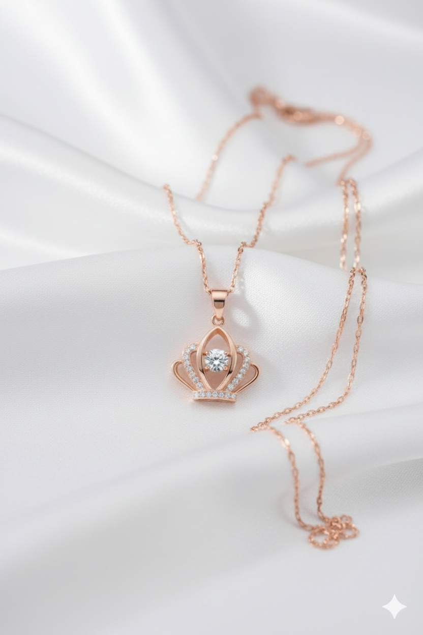 Queen Crown Rose Gold Plated Pendant Necklace with American Diamond (CZ)