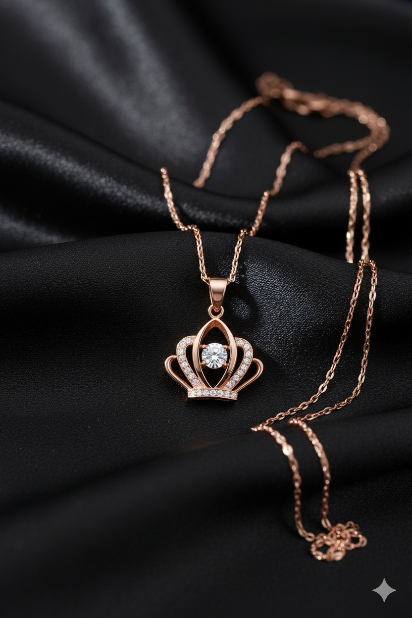 Queen Crown Rose Gold Plated Pendant Necklace with American Diamond (CZ)
