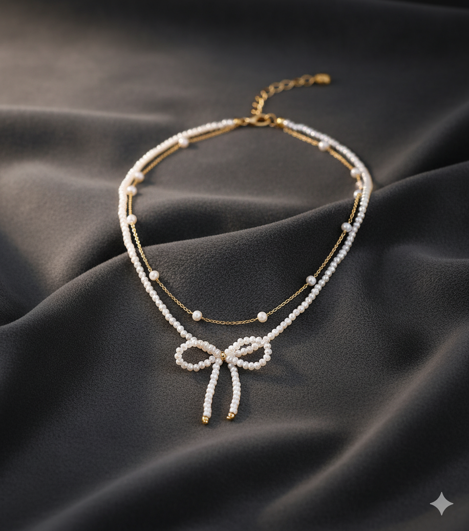 Chic Two-Line Bow Layered Necklace for Women | Gold Plated with Pearl Accents
