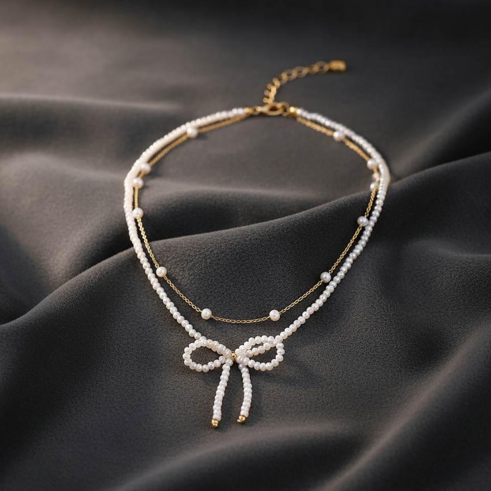 Chic Two-Line Bow Layered Necklace for Women | Gold Plated with Pearl Accents