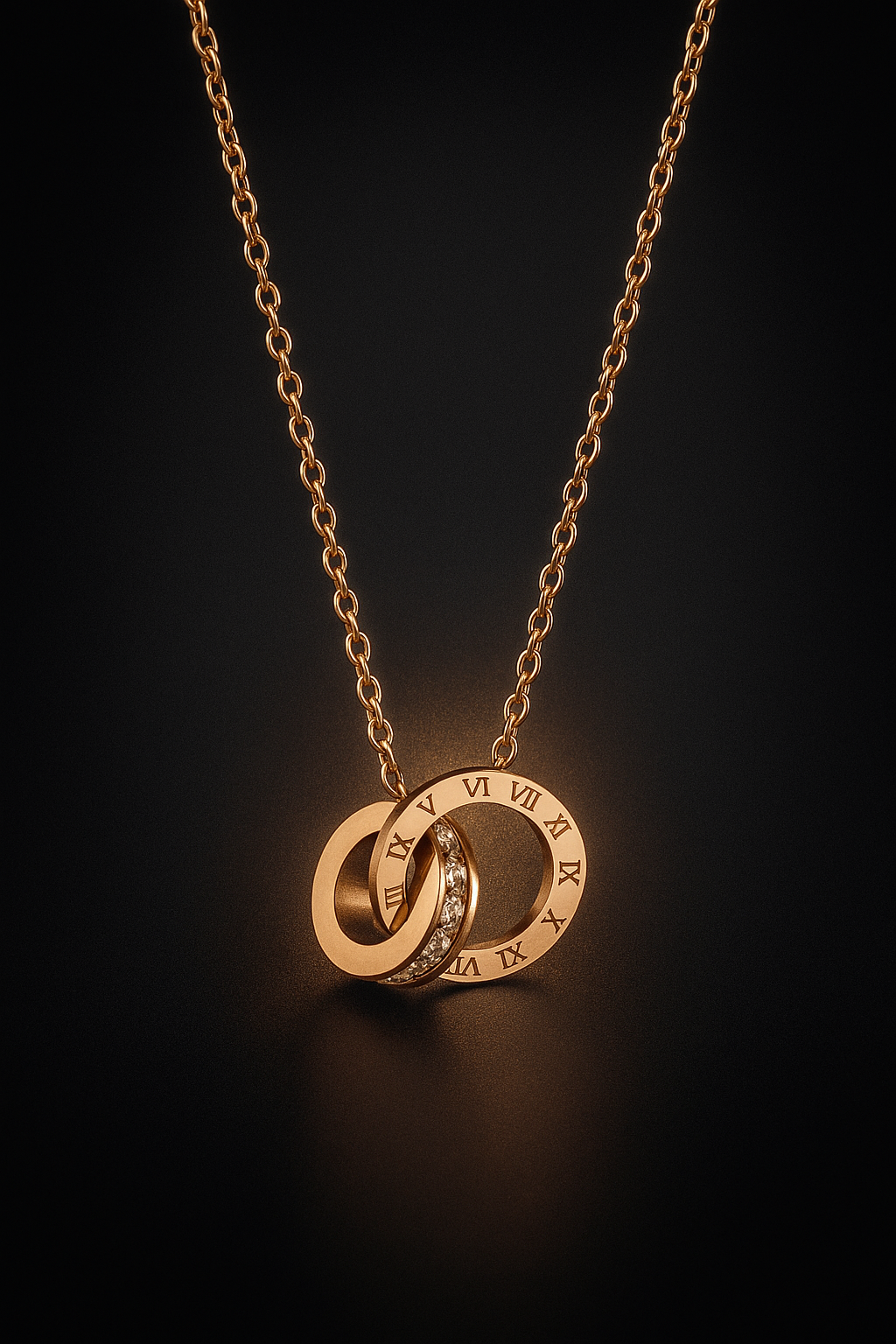 EternaLink™ Dual Ring Pendant Necklace | Roman Numerals & CZ Stones