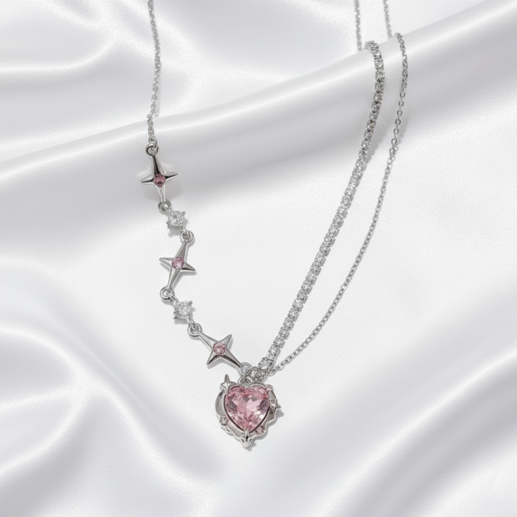 Luna Spark Silver-Plated Star Necklace | Adjustable Pink Diamond Accent