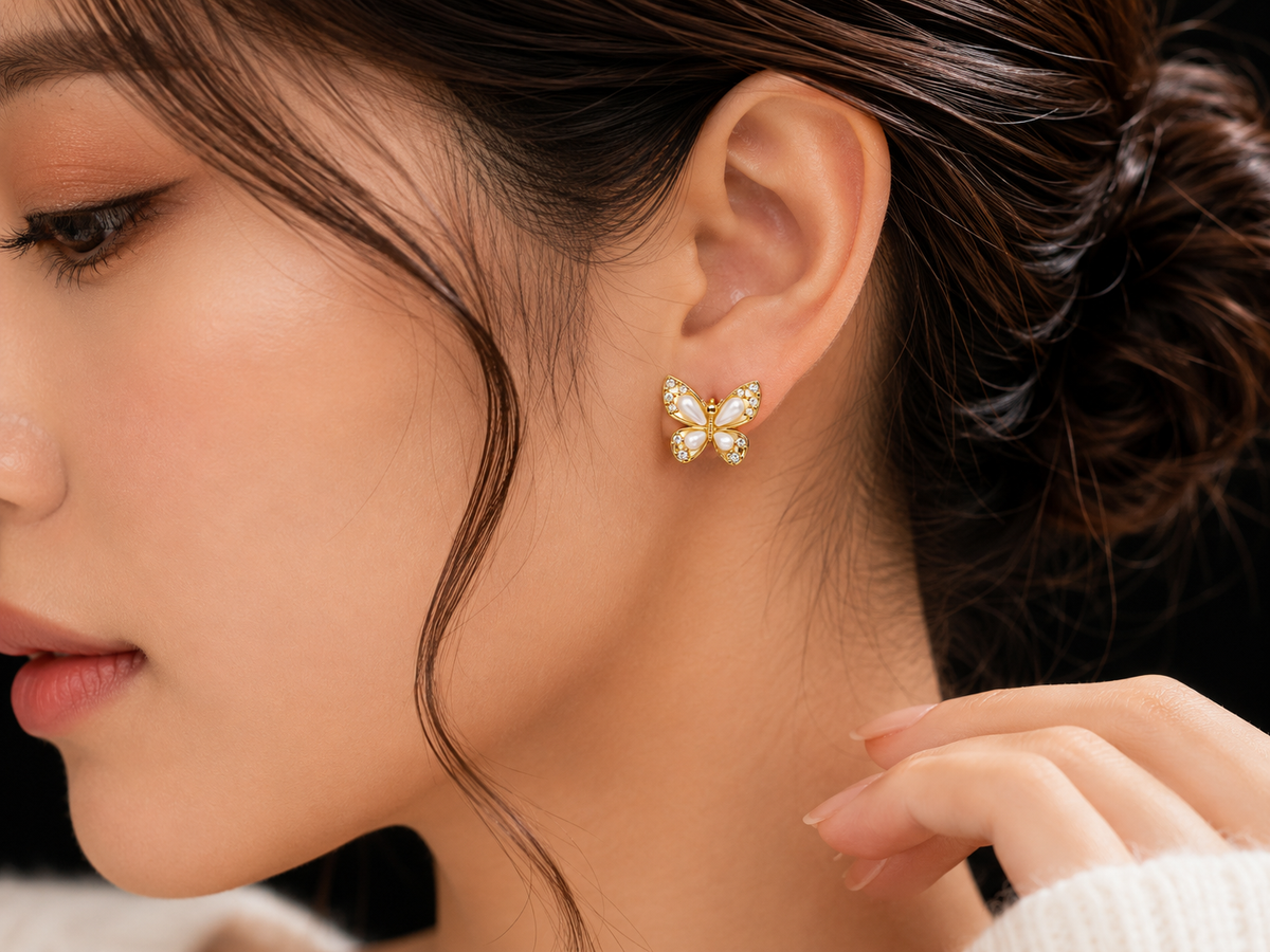 Enchanted Pearl Butterfly | Premium American Diamond Butterfly Earrings
