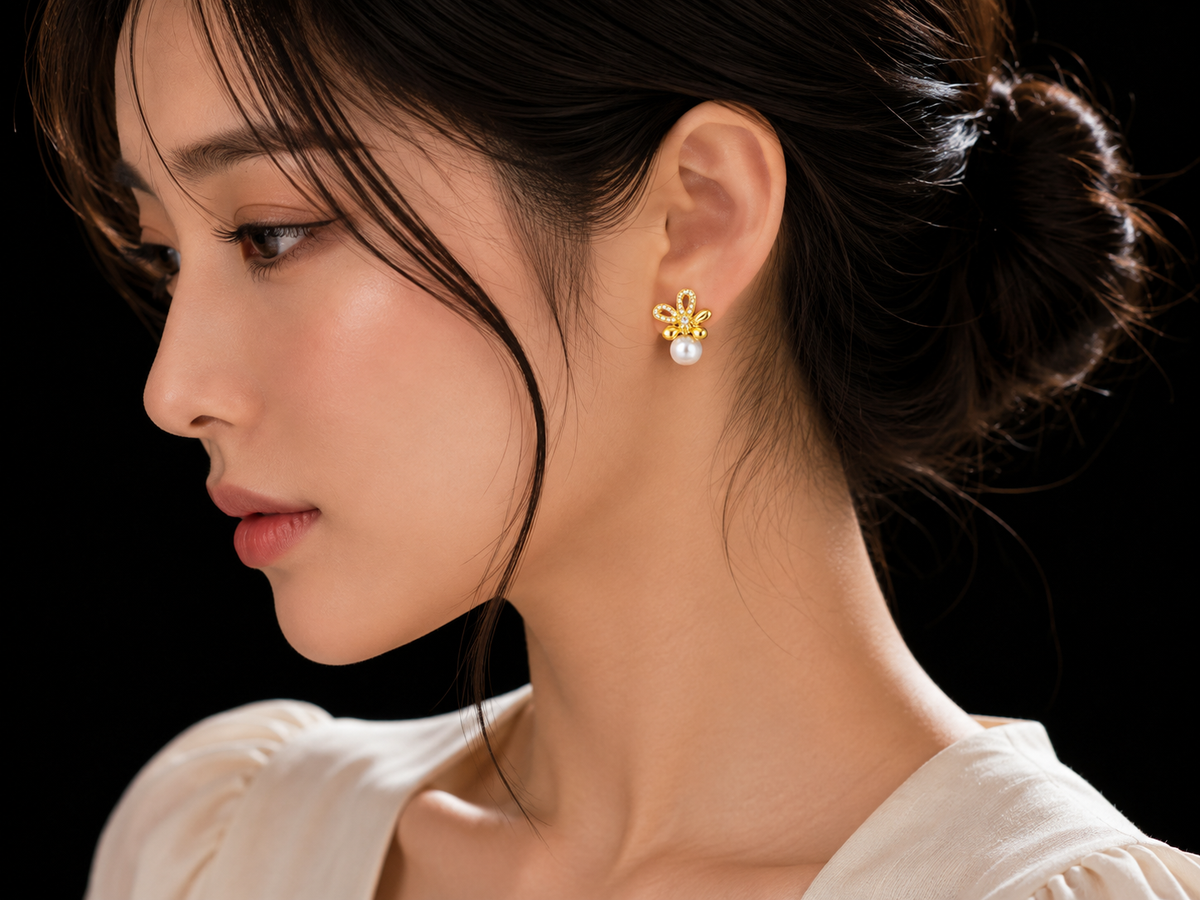 Golden Pearl Blossom | Premium American Diamond Floral Drop Earrings