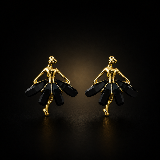 Noir Belle Ballerina Stud Earrings | Gold Plated Black Crystal Statement Earrings for Women