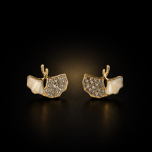Ivory Leaf Spark Stud Earrings | Gold Plated Crystal Enamel Botanical Earrings for Women
