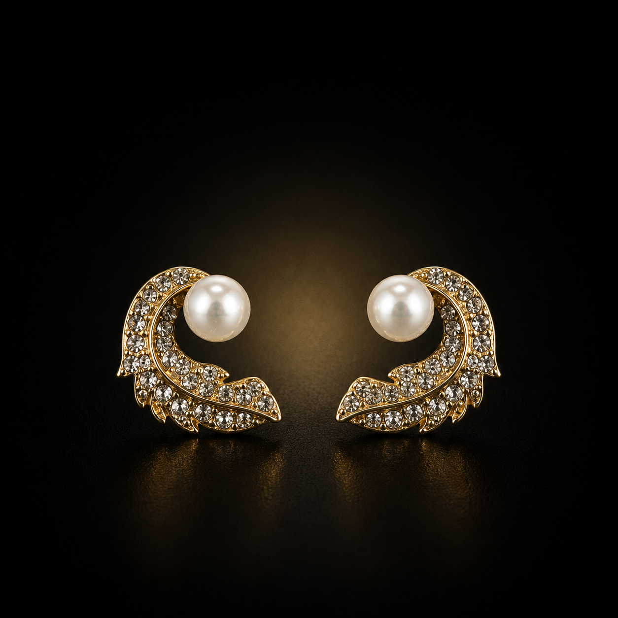 Pearl Crest Crystal Stud Earrings | Gold Plated Leaf-Inspired Statement Earrings for Women
