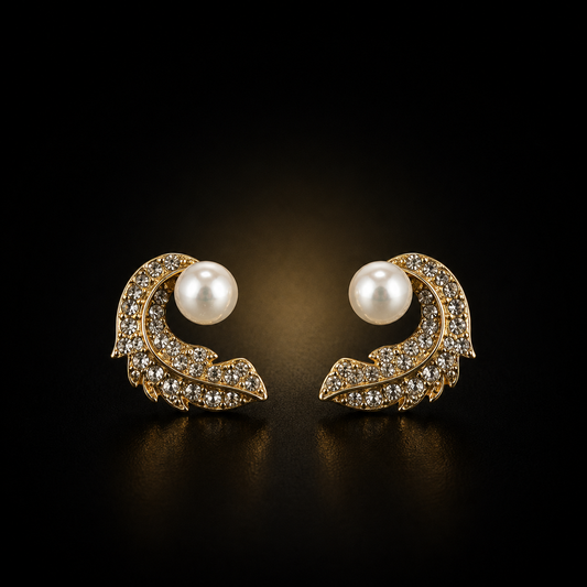 Pearl Crest Crystal Stud Earrings | Gold Plated Leaf-Inspired Statement Earrings for Women