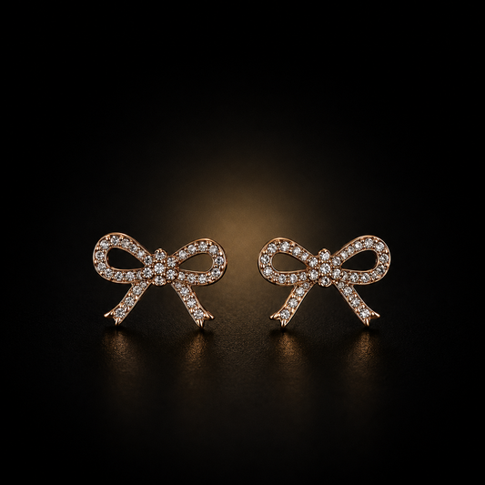 Elegant Crystal Bow Stud Earrings | Rose Gold Korean Ribbon Earrings