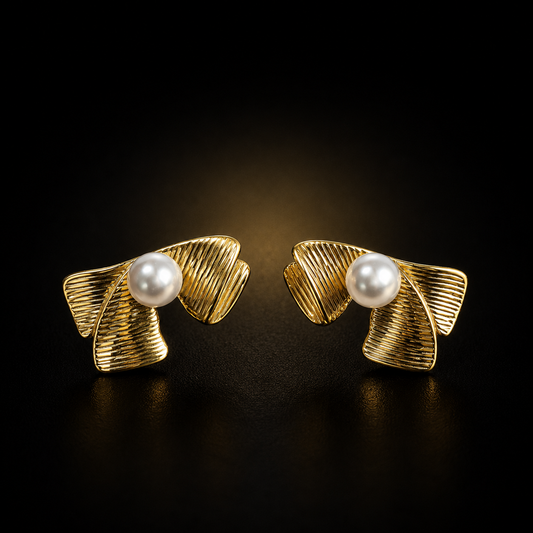 Auréa Pearl Leaf Stud Earrings | Gold Plated Modern Botanical Statement Earrings