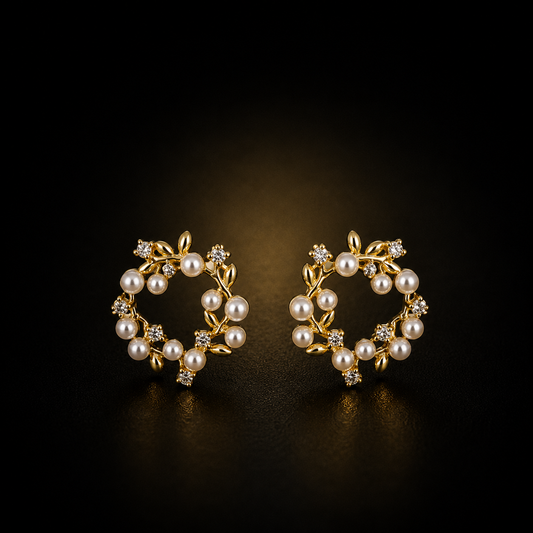 Golden Pearl Bloom Stud Earrings | Crystal Floral Wreath Design for Women