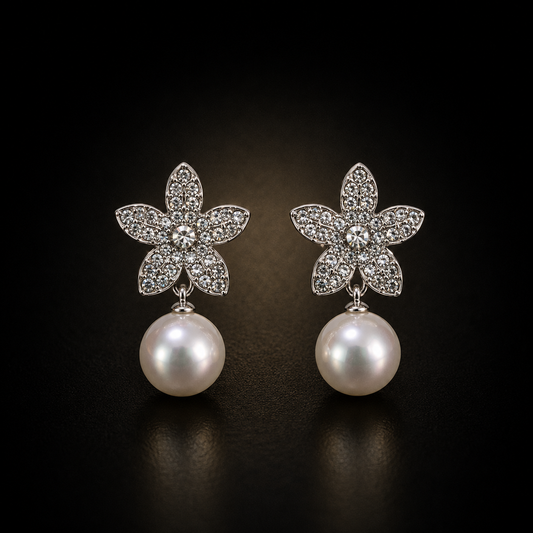 Pearl Blossom Crystal Drop Earrings | Floral Silver-Plated Statement Studs for Women