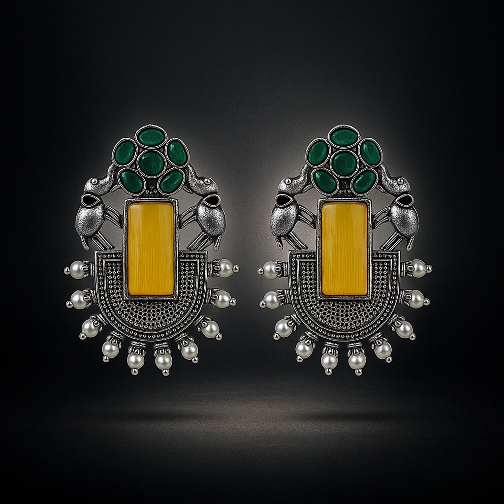 Monalisa Stone Stud Earrings | Premium Oxidized Silver & Pearl Accents