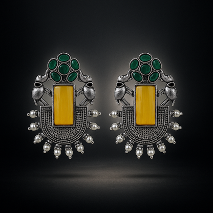 Monalisa Stone Stud Earrings | Premium Oxidized Silver & Pearl Accents