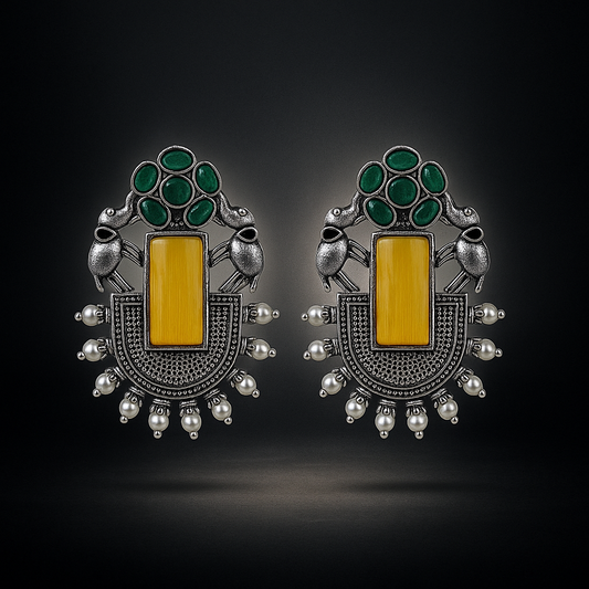 Monalisa Stone Stud Earrings | Premium Oxidized Silver & Pearl Accents