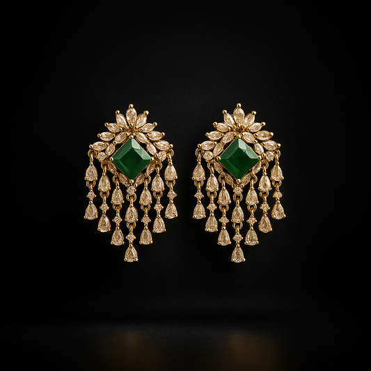 Emerald Glow Designer CZ Drop Earrings | Gold Plated Sparkle with Green Stone