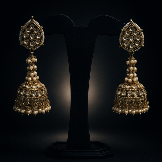 Premium Oxidized Gold Jhumka Earrings with White Accents | Ethnic Beaded Earrings for Festive & Party Wear