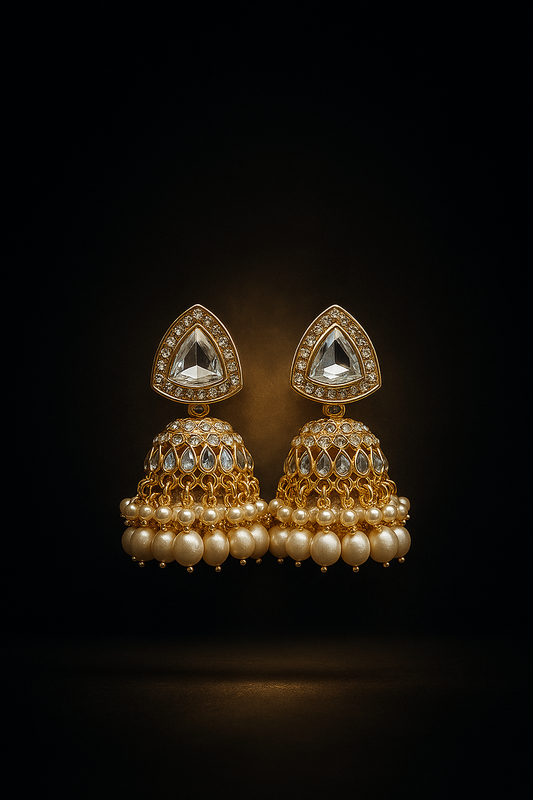 Graceful Gold Plated Jhumka Earrings with Center Stone & Pearl Drop | Elegant Alloy Drop Earrings