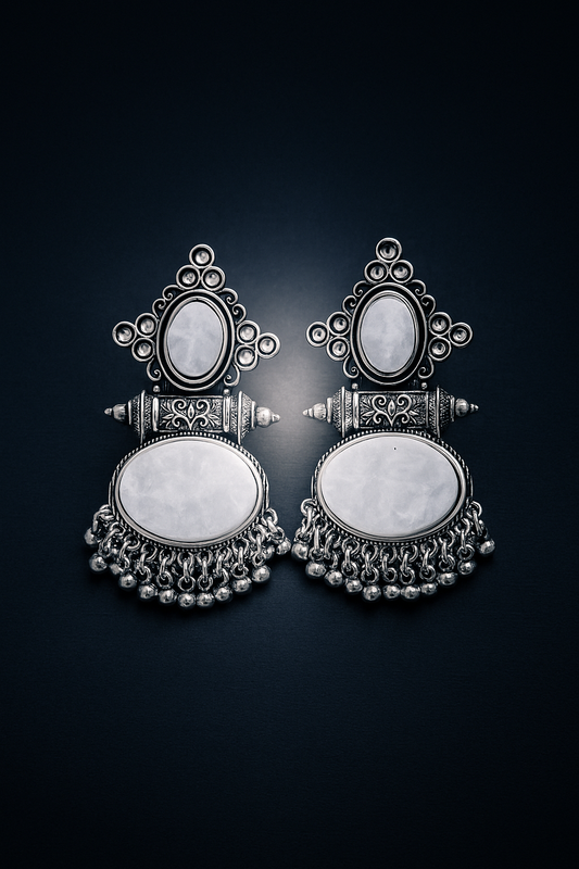 Tribal Oval Dangler Jhumka Earrings | Antique Oxidized Silver with Beaded Fringe