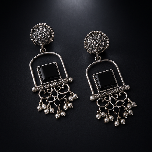 Peacock Grace Oxidized Silver Dangler Earrings | Traditional Pearl Drop Design
