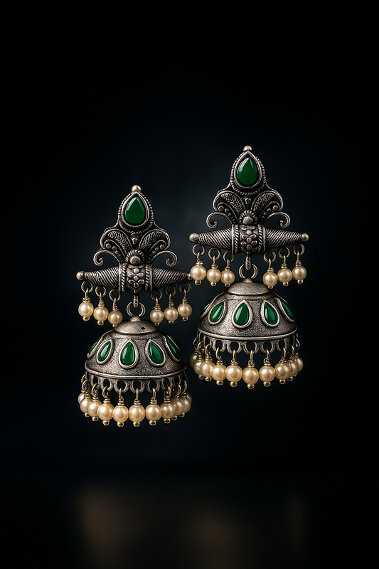 Oxidized Silver Jhumka Earrings with Pearl Drops | Elegant Pearl Embellished Ethnic Earrings