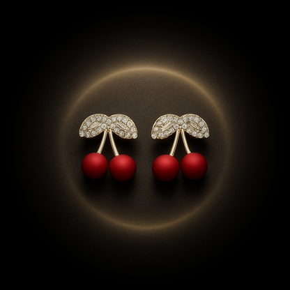 Seoul Berry Spark Rhinestone Earrings – Korean Cherry-Inspired Gold Plated Studs for Women