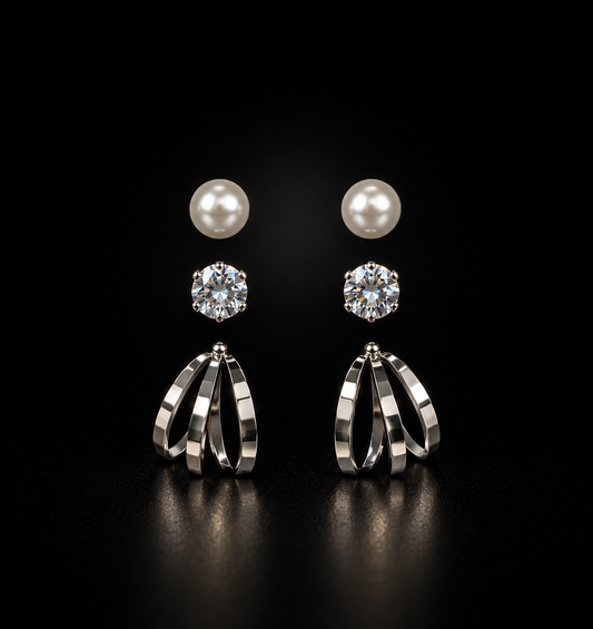 Éclat Trio Luxe | Premium Pearl, Crystal & Statement Drop 3-Piece Earring Set