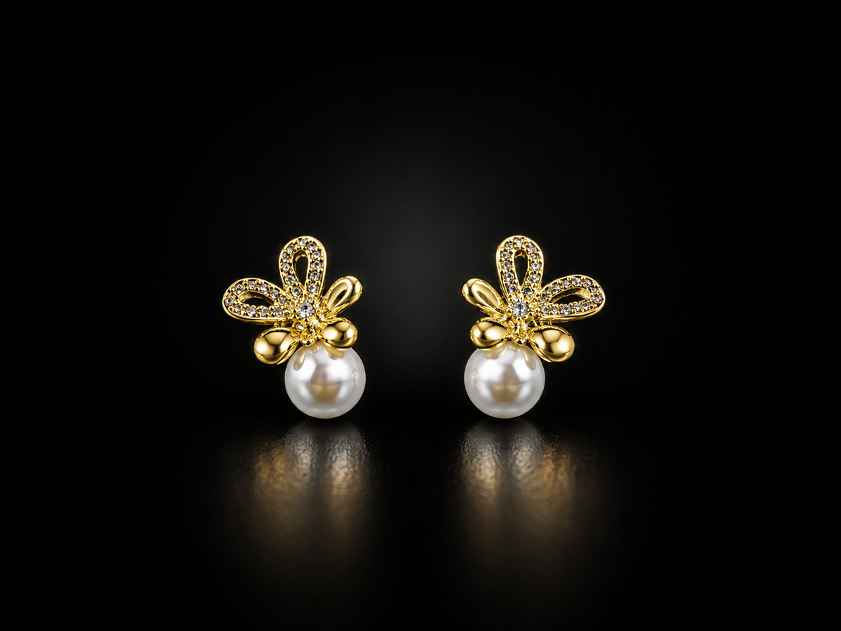Golden Pearl Blossom | Premium American Diamond Floral Drop Earrings
