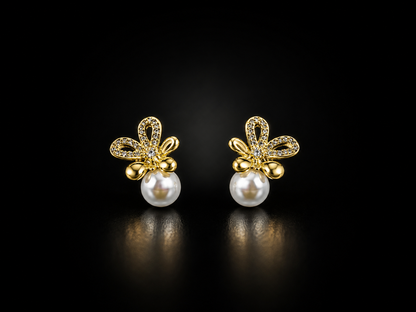 Golden Pearl Blossom | Premium American Diamond Floral Drop Earrings