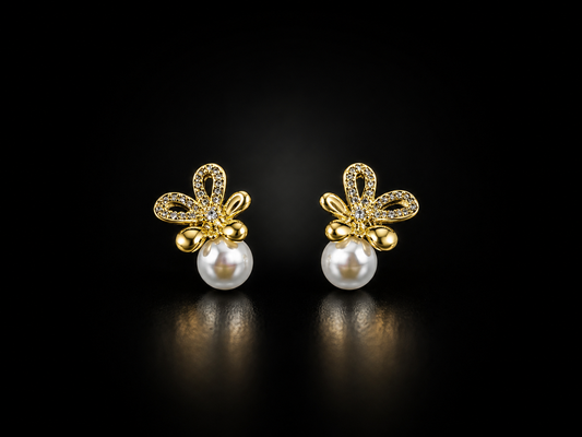 Golden Pearl Blossom | Premium American Diamond Floral Drop Earrings