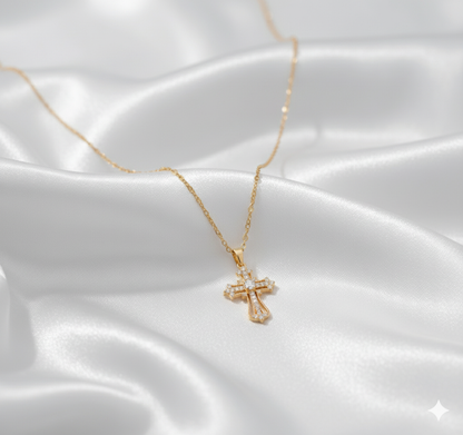 Grand Gold Plated Cross Necklace | Traditional American Diamond Bridal Jewelry