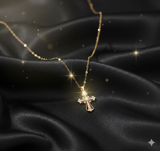 Grand Gold Plated Cross Necklace | Traditional American Diamond Bridal Jewelry