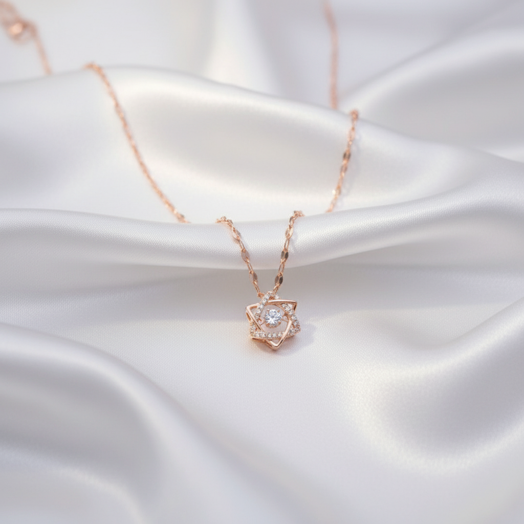 Fancy Rose Gold Plated American Diamond Pendant Necklace for Women & Girls