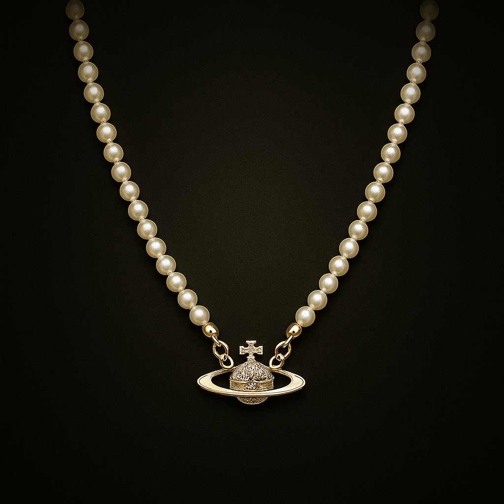 Vivienne Westwood Rose Gold Plated Pearl Planet Pendant Necklace | Adjustable Chain