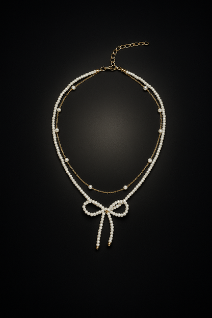Chic Two-Line Bow Layered Necklace for Women | Gold Plated with Pearl Accents