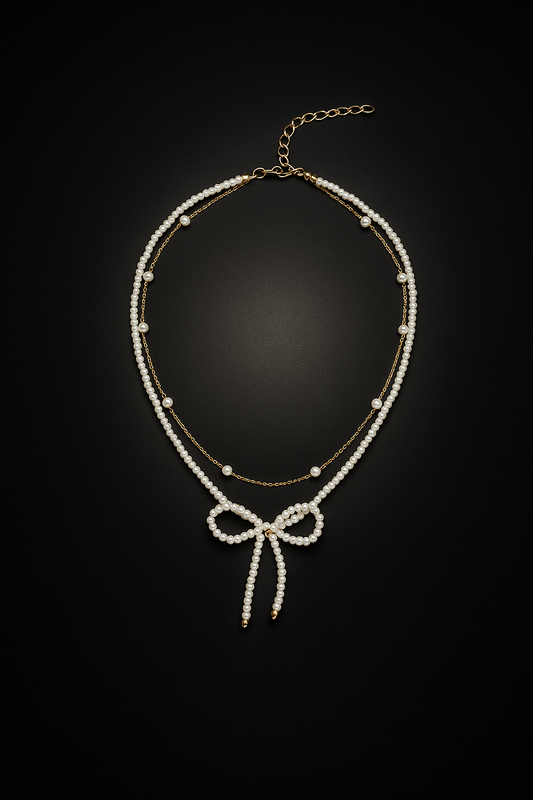 Chic Two-Line Bow Layered Necklace for Women | Gold Plated with Pearl Accents