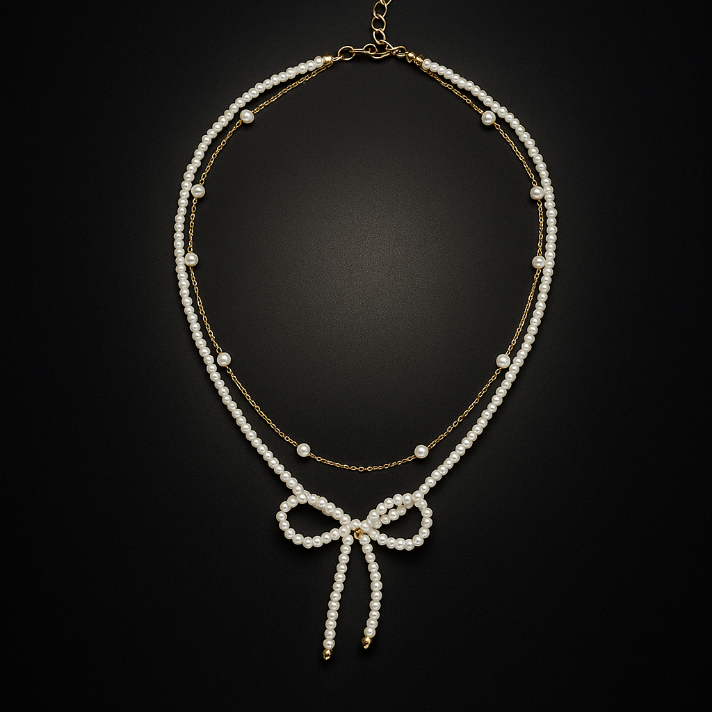 Chic Two-Line Bow Layered Necklace for Women | Gold Plated with Pearl Accents