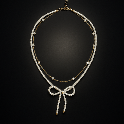 Chic Two-Line Bow Layered Necklace for Women | Gold Plated with Pearl Accents